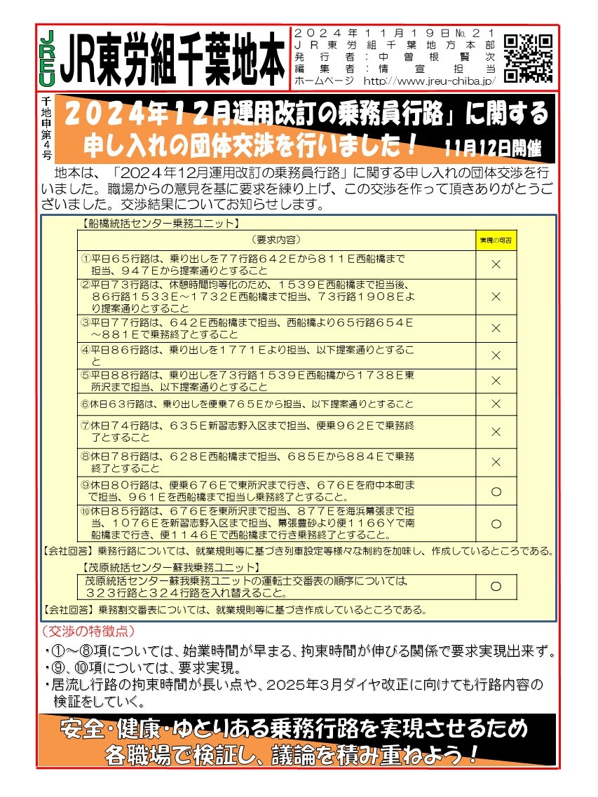 情報第021号　申4号「2024年12月運用改訂の乗務員行路」に関する申し入れの団体交渉を行いました！