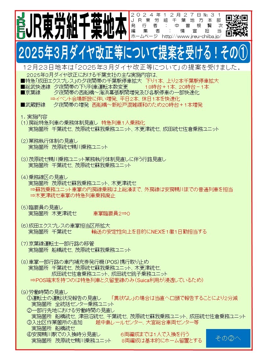 【千葉地本】情報第031~32号　「２０２５年３月ダイヤ改正等について提案を受ける！