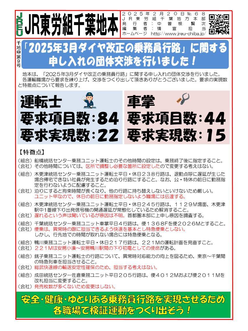 【千葉地本】情報第68号　申9号「2025年3月ダイヤ改正の乗務員行路」に関する申し入れの団体交渉を行いました！